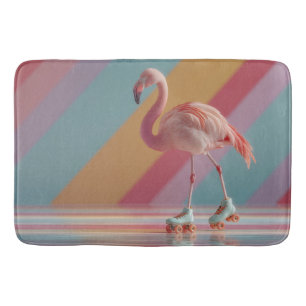 Whimsical Pink Flamingo on Roller Skates Bath Mat
