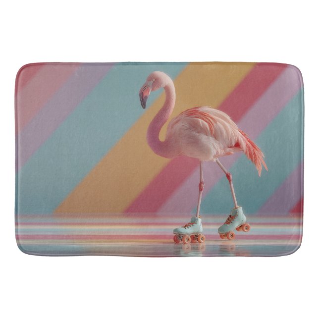 Whimsical Pink Flamingo on Roller Skates Bath Mat (Front)
