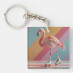 Whimsical Pink Flamingo on Roller Skates Key Ring