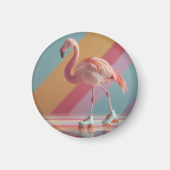 Whimsical Pink Flamingo on Roller Skates Magnet (Front)