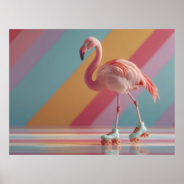 Whimsical Pink Flamingo on Roller Skates Poster (Front)