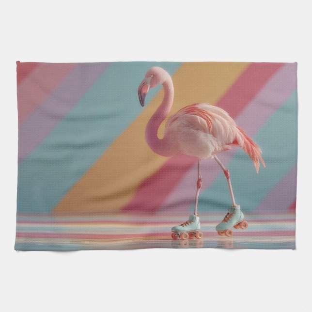 Whimsical Pink Flamingo on Roller Skates Tea Towel (Horizontal)
