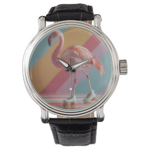 Whimsical Pink Flamingo on Roller Skates Watch