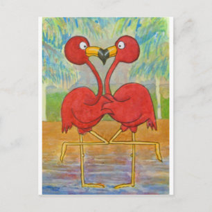 Whimsical Pink Flamingo Pair on Beach Island Art Postcard