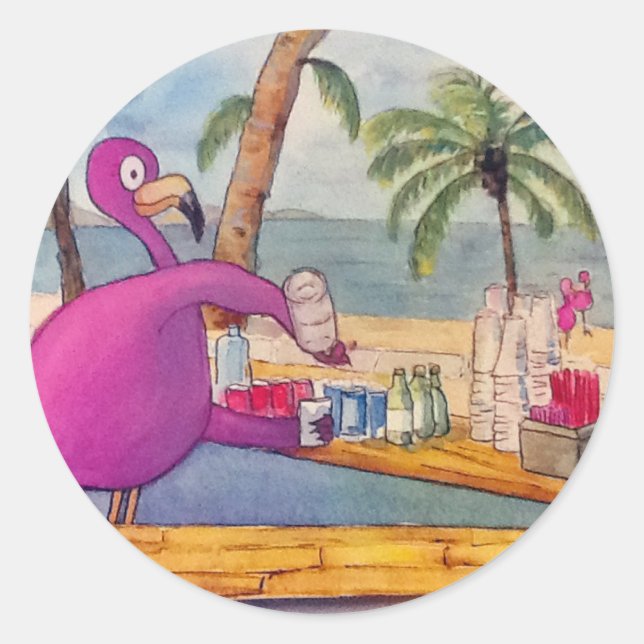 Whimsical Pink Flamingo Pours Party Drinks Beach Classic Round Sticker (Front)