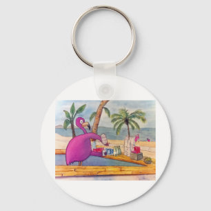 Whimsical Pink Flamingo Pours Party Drinks Beach Key Ring