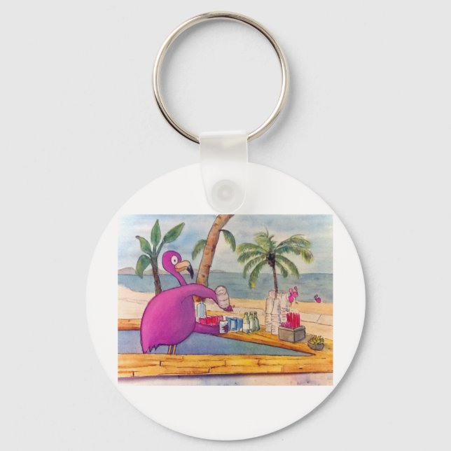 Whimsical Pink Flamingo Pours Party Drinks Beach Key Ring (Front)