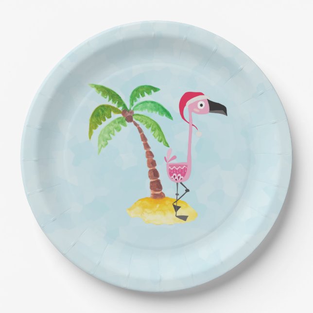 Whimsical Pink Flamingo Tropical Christmas Paper Plate (Front)
