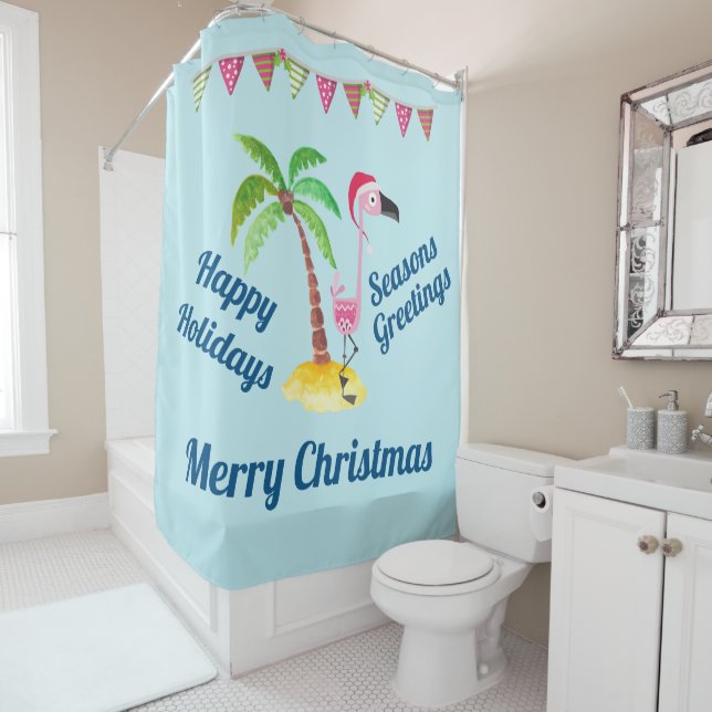Whimsical Pink Flamingo Tropical Christmas Shower Curtain (In Situ)