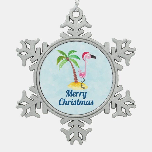 Whimsical Pink Flamingo Tropical Christmas Snowflake Pewter Christmas Ornament (Front)