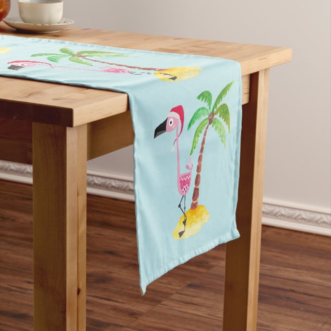Whimsical Pink Flamingos Tropical Christmas Short Table Runner (In Situ)