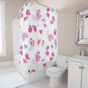 Whimsical Pink Flamingos with Hearts Shower Curtain