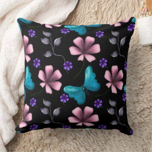Whimsical Pink Floral and Blue Butterfly Seamless Cushion