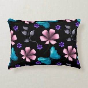 Whimsical Pink Floral and Blue Butterfly Seamless Decorative Cushion