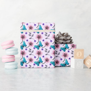 Whimsical Pink Floral and Blue Butterfly Seamless Wrapping Paper