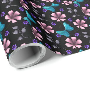 Whimsical Pink Floral and Blue Butterfly Seamless Wrapping Paper