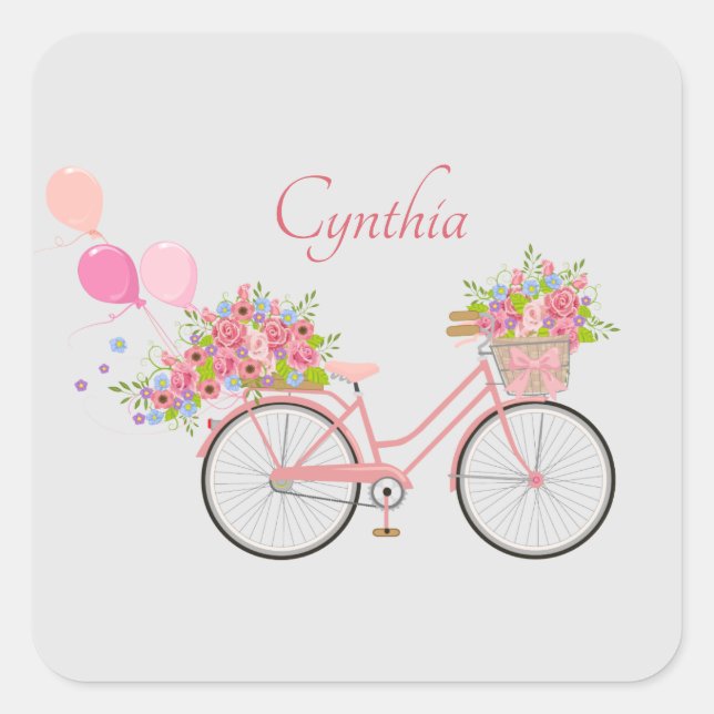 Whimsical Pink Floral Bike Personalised Square Sticker (Front)