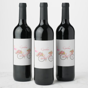 Whimsical Pink Floral Bike Personalised Wine Label
