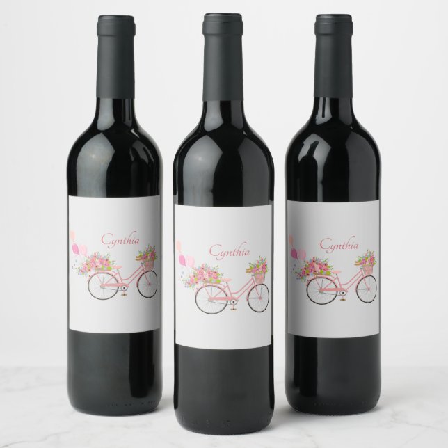 Whimsical Pink Floral Bike Personalised Wine Label (Bottles)