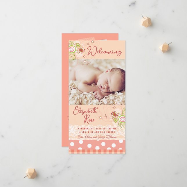 Whimsical Pink Floral Blooms Baby Girl Photo Birth Announcement (Front/Back In Situ)