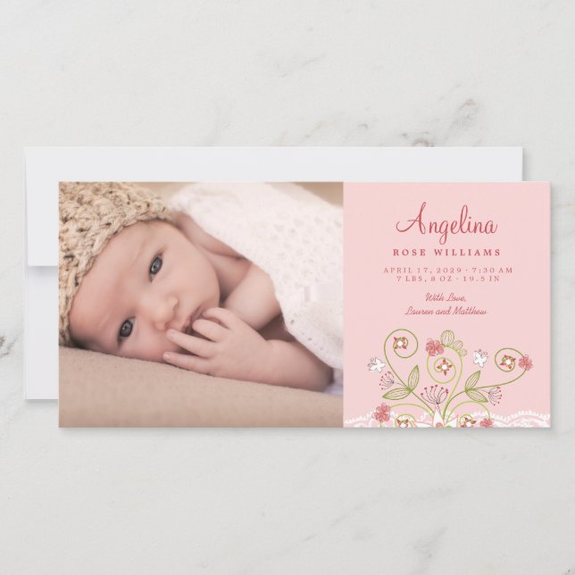 Whimsical Pink Floral Blooms Baby Girl Photo Birth Announcement (Front)
