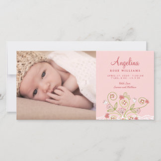 Whimsical Pink Floral Blooms Baby Girl Photo Birth Announcement