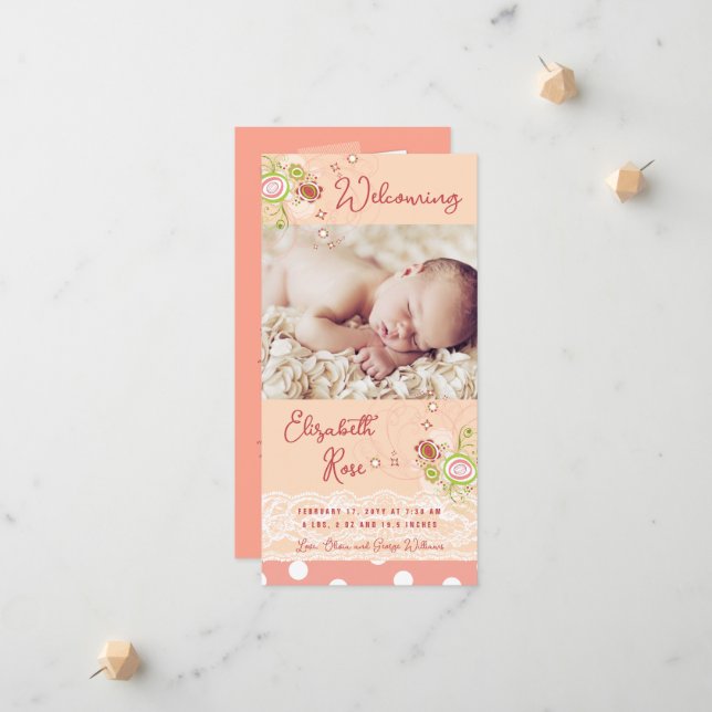 Whimsical Pink Floral Blooms Baby Girl Photo Birth Announcement (Front/Back In Situ)
