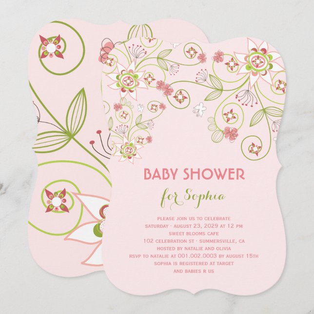 Whimsical Pink Floral Blooms Chic Girl Baby Shower Invitation (Front/Back)