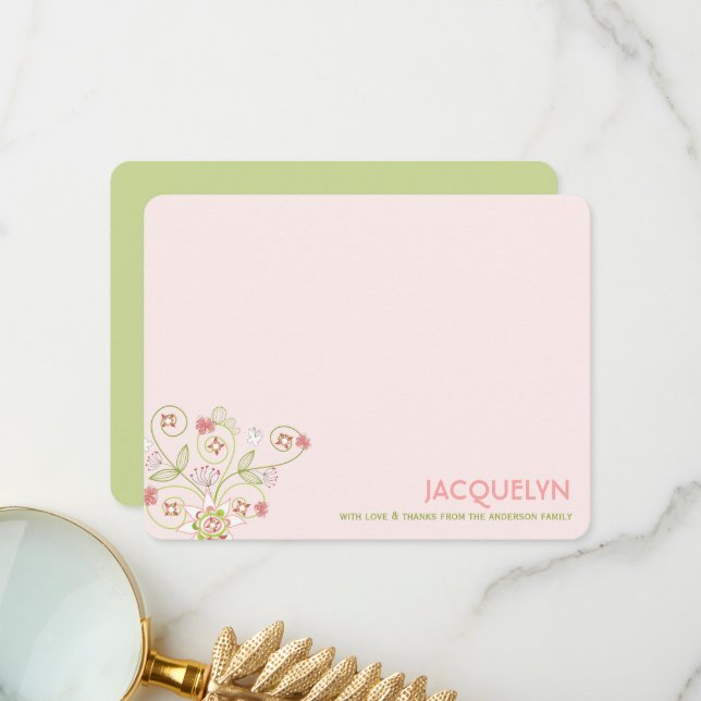 Whimsical Pink Floral Blooms Chic Girl Baby Shower Thank You Card (Front/Back In Situ)