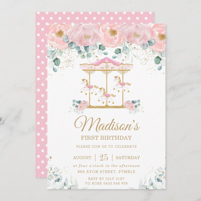 Whimsical Pink Floral Carousel 1st Birthday Party Invitation (Front/Back)