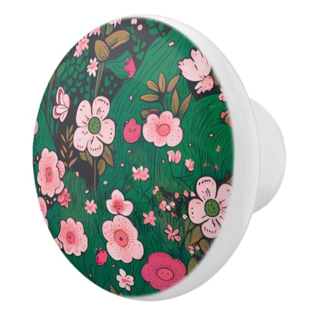 Whimsical Pink Floral Ceramic Knob (Right)