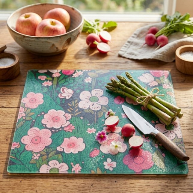 Whimsical Pink Floral Decorative Glass Cutting Board (Creator Uploaded)
