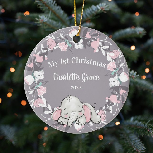 Whimsical Pink Floral Elephant Girl 1st Christmas Ceramic Tree Decoration (Creator Uploaded)
