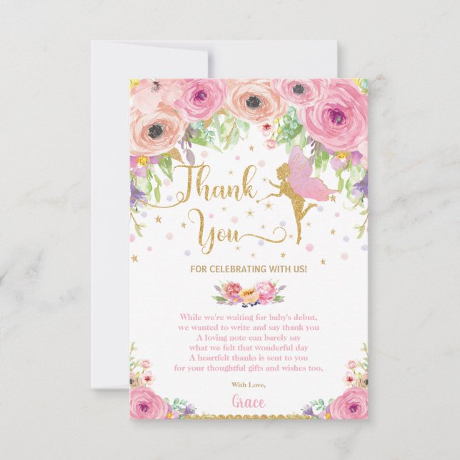 Whimsical Pink Floral Fairy Baby Shower Birthday Thank You Card (Front)