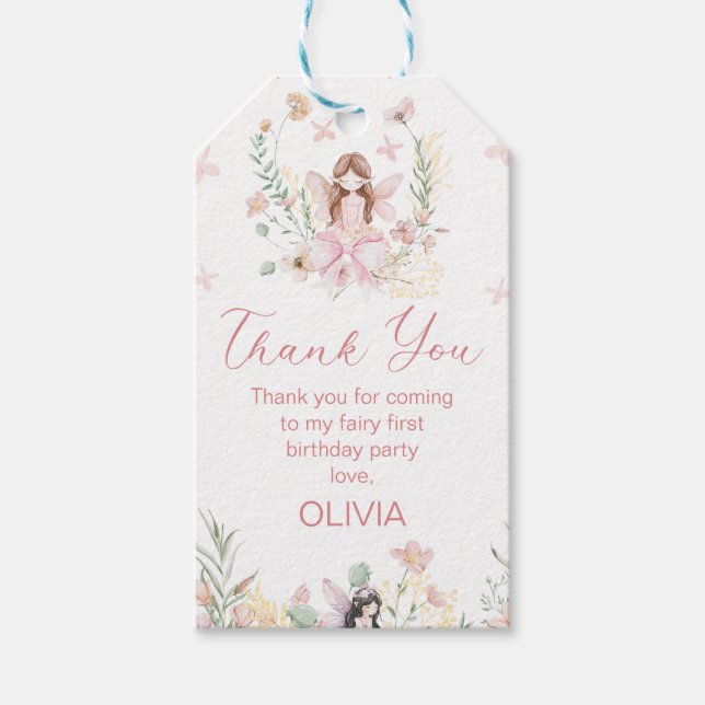 Whimsical Pink Floral Fairy Birthday Gift Tag (Front)