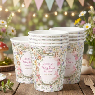 Whimsical Pink Floral Garden Fairy First Birthday Paper Cups