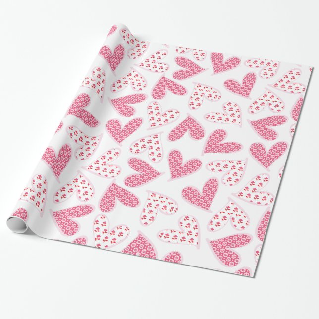 Whimsical Pink Floral Hearts Pattern Wrapping Paper (Unrolled)