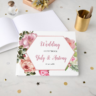 Whimsical Pink Floral Hexagon Memory Album Guest Book