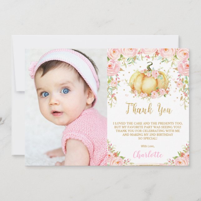 Whimsical Pink Floral Little Pumpkin Birthday Thank You Card (Front)