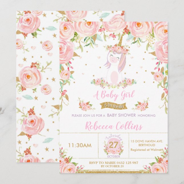 Whimsical Pink Floral Unicorn Baby Shower Girl Invitation (Front/Back)