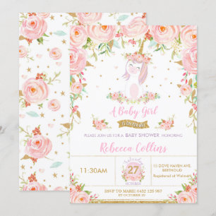Whimsical Pink Floral Unicorn Baby Shower Girl Invitation