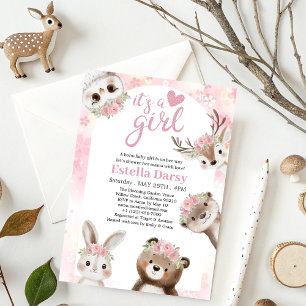 Whimsical Pink floral Woodland Girl Baby Shower Invitation