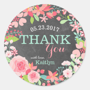 Whimsical Pink Floral Wreath Chalkboard Thank You Classic Round Sticker