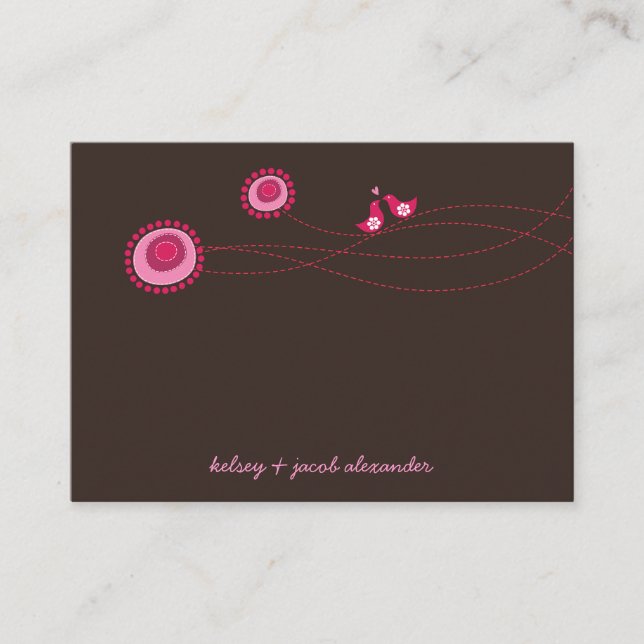 Whimsical Pink Flower Dots Love Birds Wedding Place Card (Front)