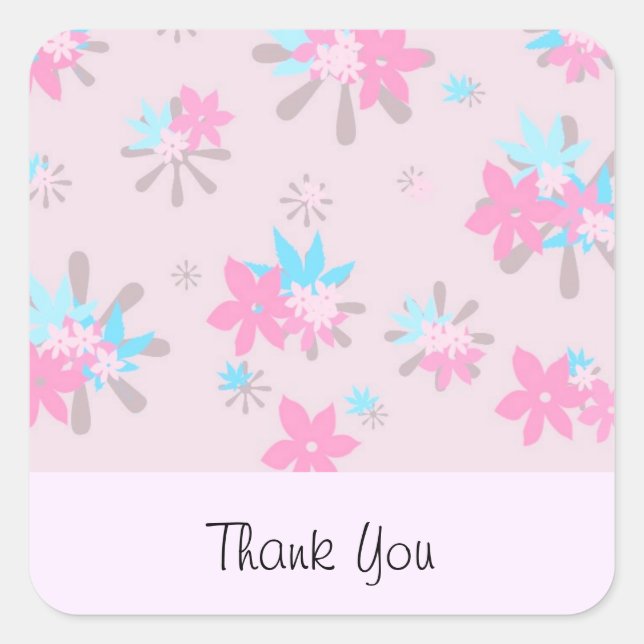 Whimsical Pink Flower Thank You Square Sticker (Front)
