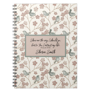 Whimsical Pink Flowers and Green Birds Pattern Notebook