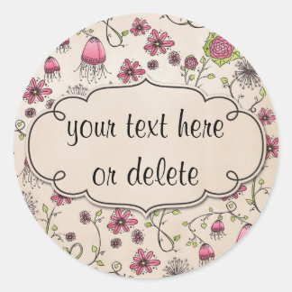 whimsical pink flowers on beige classic round sticker