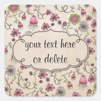 whimsical pink flowers on beige square sticker