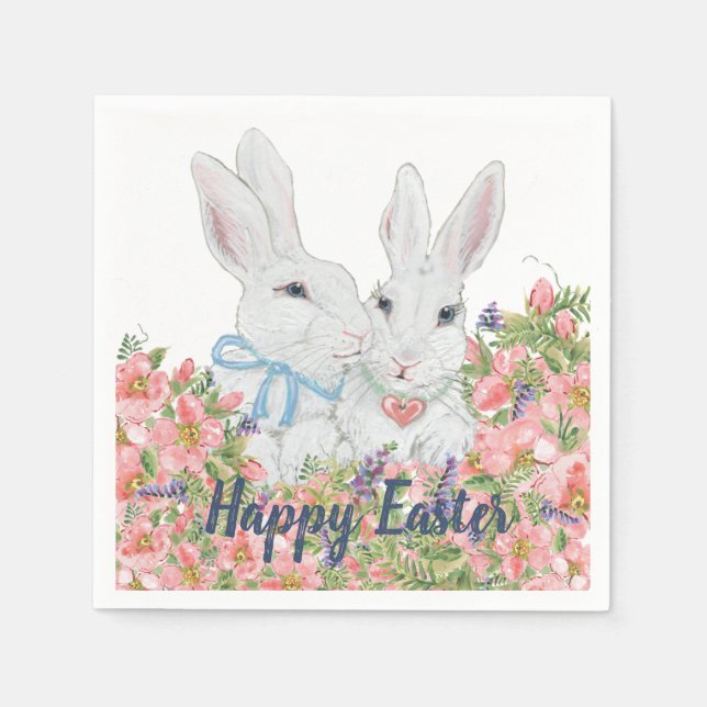Whimsical Pink Flowers White Bunny Rabbits Easter Napkin (Front)