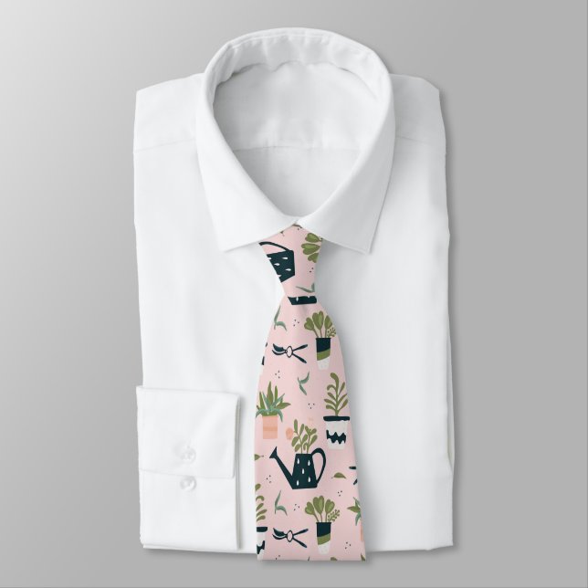 Whimsical Pink Gardening Printed Pattern Tie (Tied)